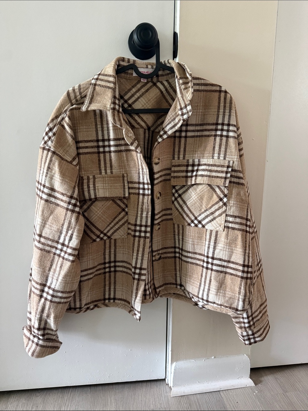 Beige Plaid Button-Front Shacket Jacket
